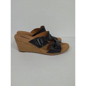 Clarks Lafley Devin Black Leather Espadrille Wedge Sandals Sz 8.5 M